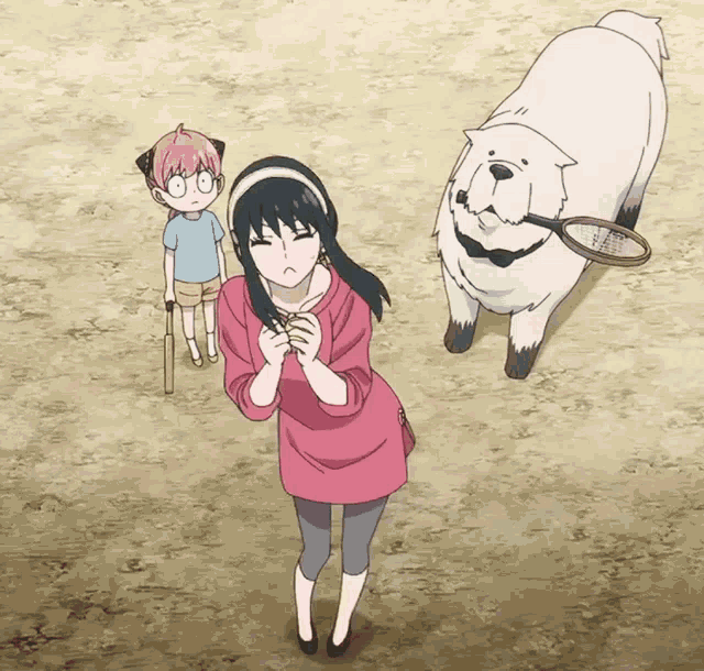 a woman in a pink shirt is standing next to a white dog