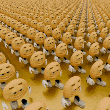 a bunch of smiley faces are lined up on a yellow background
