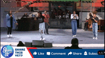 a group of people are dancing on a stage with the words share this yet on the bottom right