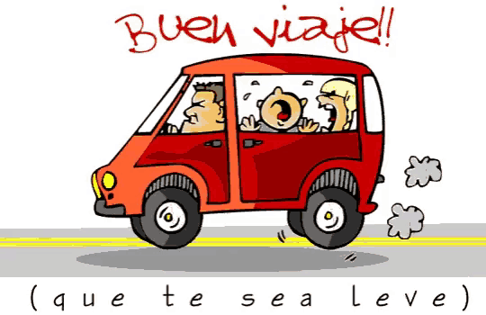 a cartoon drawing of a red van with the words buen viaje written on it
