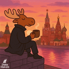 a cartoon of a moose sitting on a ledge holding a cup of coffee