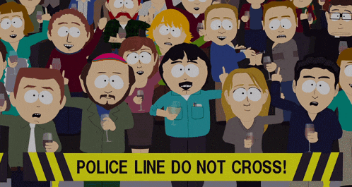 a group of cartoon characters are standing in front of a police line do not cross sign