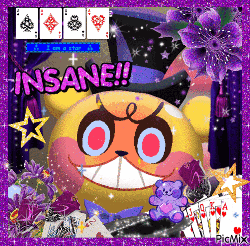 a picture with a teddy bear and playing cards that says insane on it