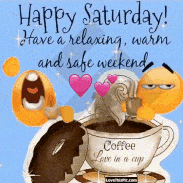 a happy saturday greeting card with a cup of coffee and a donut