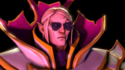 a cartoon character wearing sunglasses and a purple and gold outfit