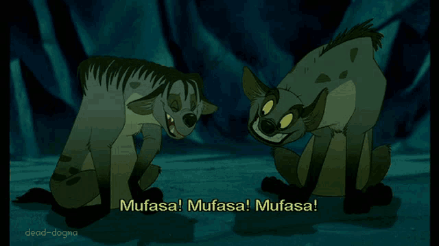 two cartoon hyenas are standing next to each other and one says mufasa