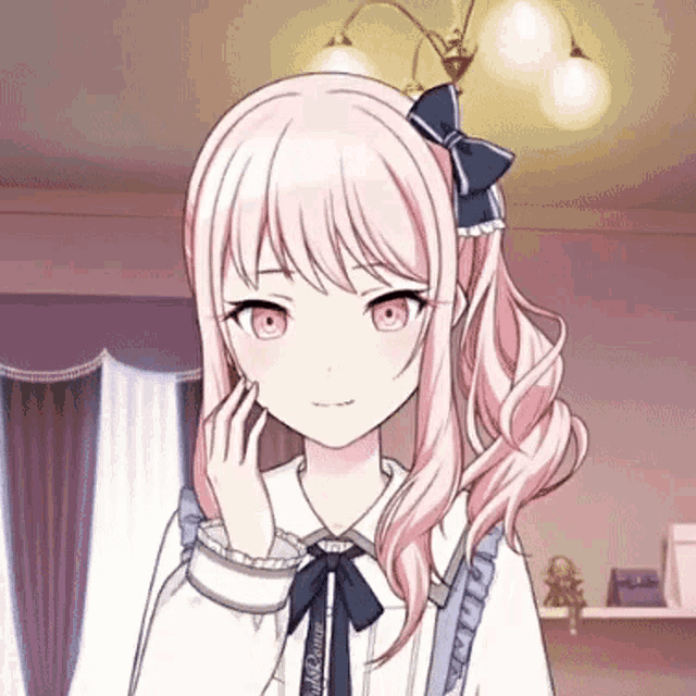 a girl with pink hair and a blue bow on her head
