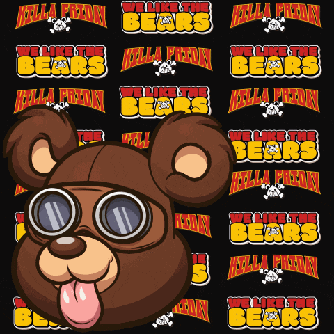 a teddy bear wearing goggles is surrounded by the words we like the bears on a black background