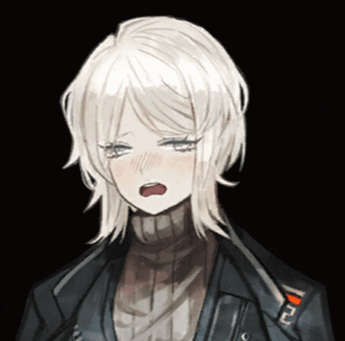 a girl with white hair is wearing a black jacket and a turtleneck sweater
