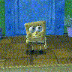 a cartoon character named spongebob squarepants is standing on a wooden floor in front of a blue door .