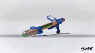 a blue toy gun with a pencil attached to it says ampy