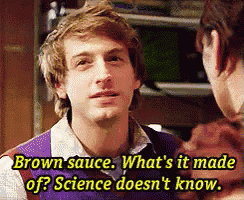 a man in a purple vest says brown sauce what 's it made of ? science does n't know ..