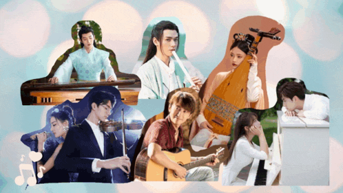 a group of people playing musical instruments including a man playing a flute and a woman playing a guitar