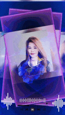 a picture of a woman with headphones is displayed on a purple background