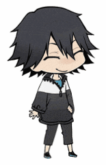 a cartoon character with black hair is smiling and wearing a black and white jacket