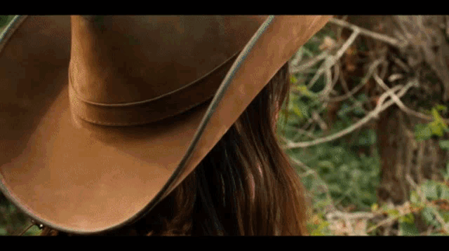 a woman is wearing a brown cowboy hat
