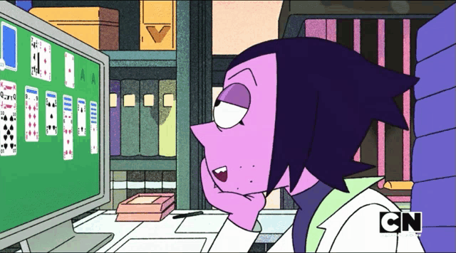 a cartoon character is looking at a computer screen that says cn on the bottom