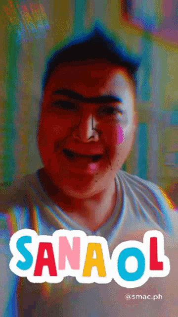 a colorful image of a man with sanaol written on the bottom