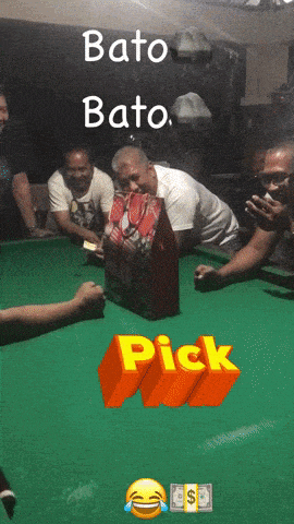 a group of men are playing a game of pool and the words bato bato pick are on the table