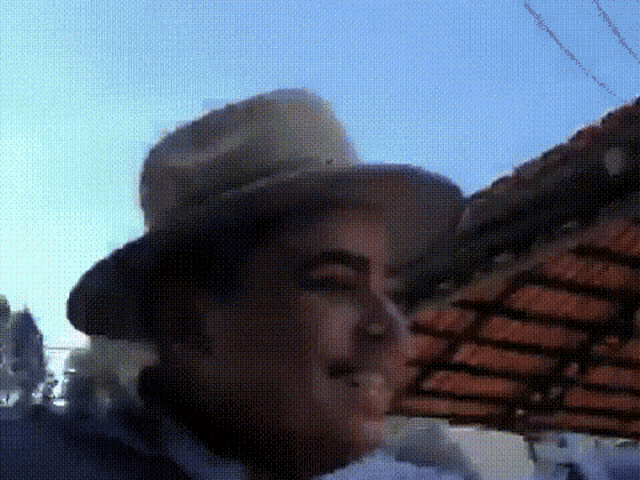a man wearing a cowboy hat is looking at a butterfly .