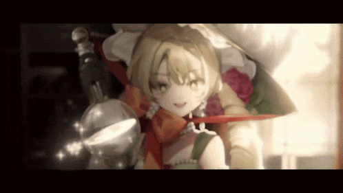 a girl with blonde hair and green eyes is wearing a red scarf and holding a sword .