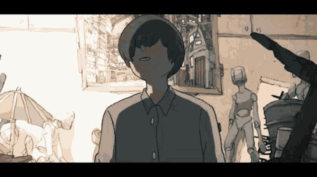 a cartoon drawing of a boy standing in front of a wall