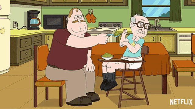a cartoon of two men sitting at a table with a netflix logo behind them