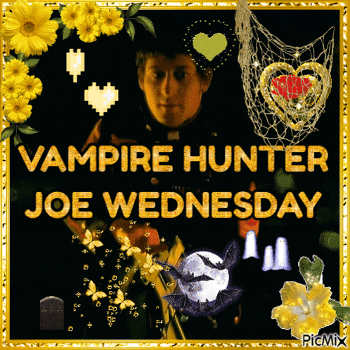 a picture of vampire hunter joe wednesday with yellow flowers and bats