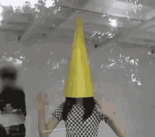 a woman wearing a yellow cone hat on her head .