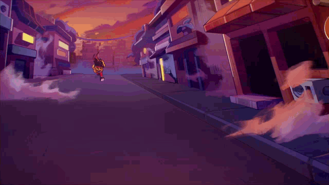 a cartoon character is running down a street