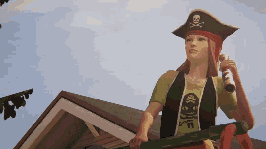 a girl in a pirate costume holds a telescope