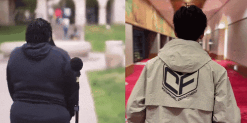 a person wearing a jacket that says qp on the back