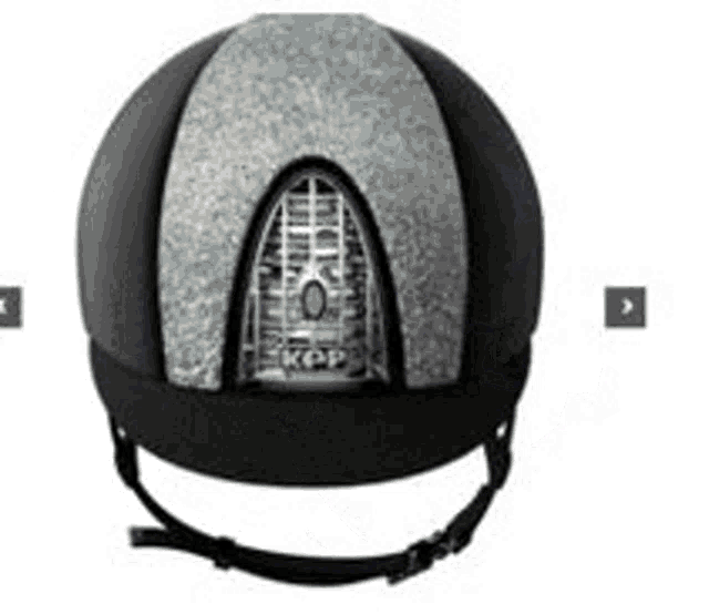 the back of a black and silver riding helmet with a buckle .