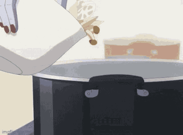 a person pouring something into a pot with a watermark that says imgflip.com on it