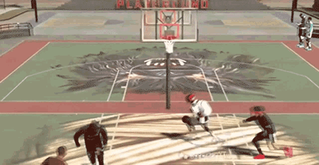 a basketball game is being played on a court that has the word playground on it