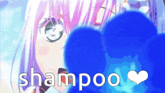 a girl with pink hair is surrounded by blue bubbles and the words shampoo