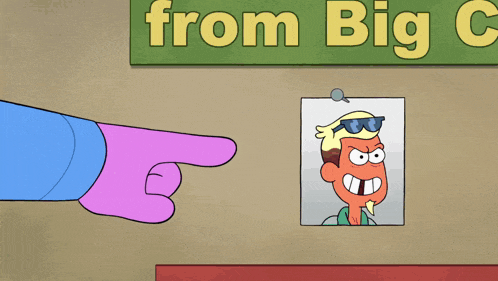 a cartoon character pointing at a picture of a man with sunglasses under a sign that says " from big c "