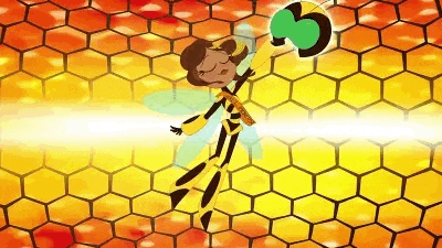 a cartoon character in a bee costume is flying through a honeycomb holding a bee .