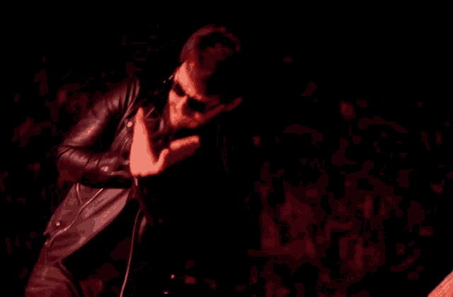 a man wearing sunglasses and a leather jacket is making a devil horns gesture