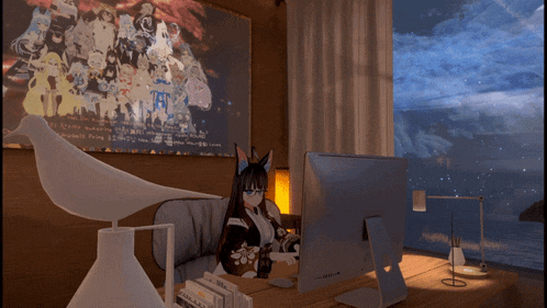 a woman sits at a desk in front of a computer with a poster on the wall that says " tf2 "