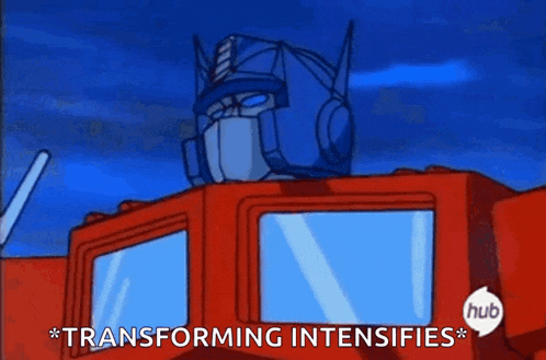 a cartoon of a robot with the words transforming intensifies