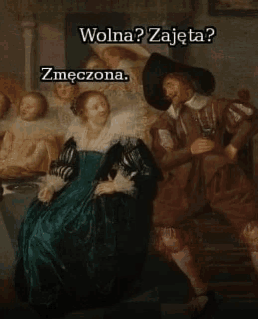 a painting of a man standing next to a woman with a caption that says wolna