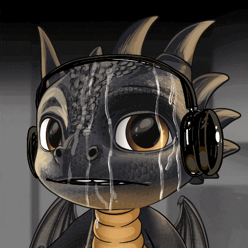 a cartoon of a dragon wearing headphones with water dripping from its face