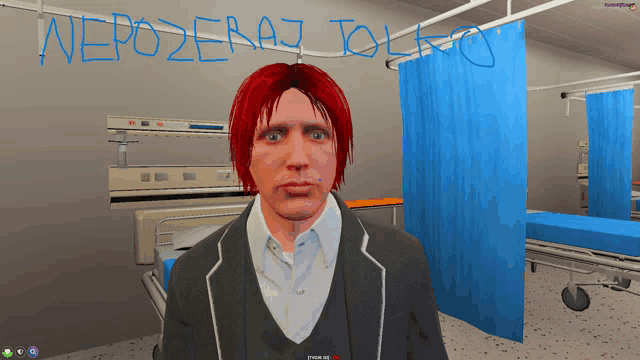 a man with red hair is standing in front of a blue curtain that says " nepozeraj toleo "