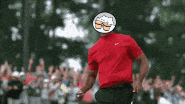 a man in a red shirt with a white cat on his face
