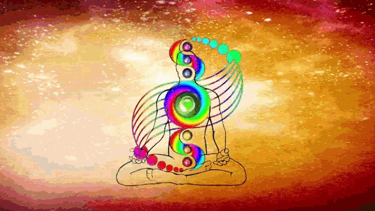 a drawing of a person sitting in a lotus position with a colorful swirl in the background
