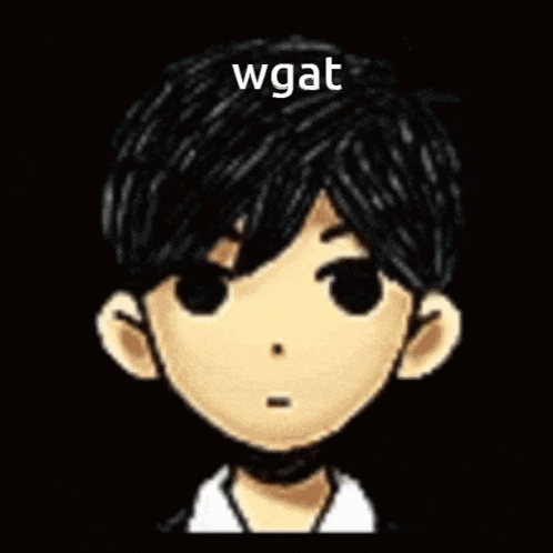a cartoon of a boy with black hair and the word wgat written on his face .