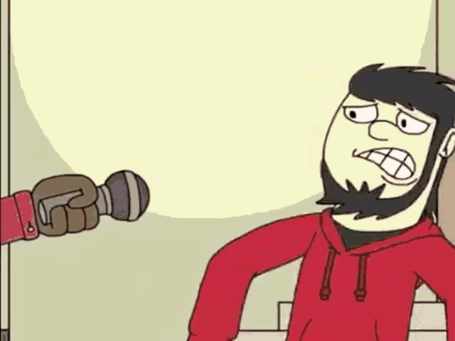 a cartoon of a man with a beard standing next to a microphone .