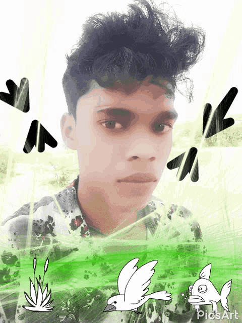 a picture of a young man with a bird and a fish with the words picsart at the bottom