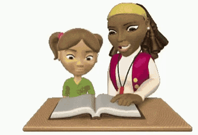 a cartoon woman is reading a book to a young girl